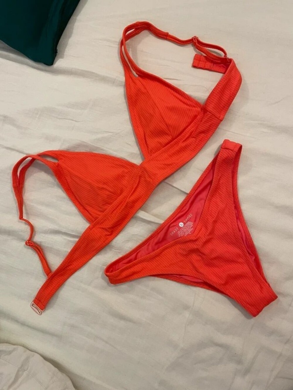 Shade & Shore Ribbed Triangle Bikini Set - Bright Coral Orange